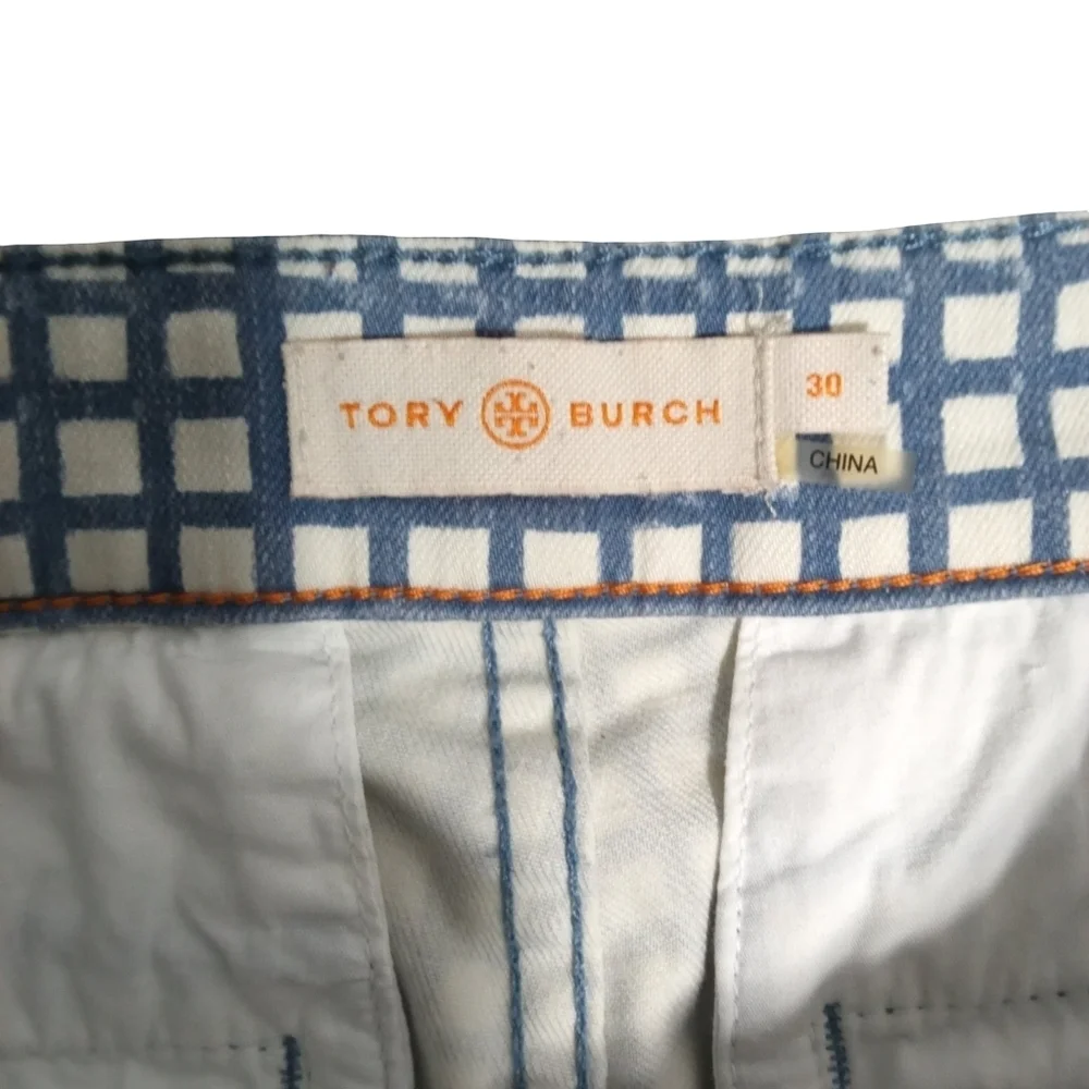 Tory Burch Blue White Geometric Cropped Pants Modern Slim Trousers Sz 30 (10)